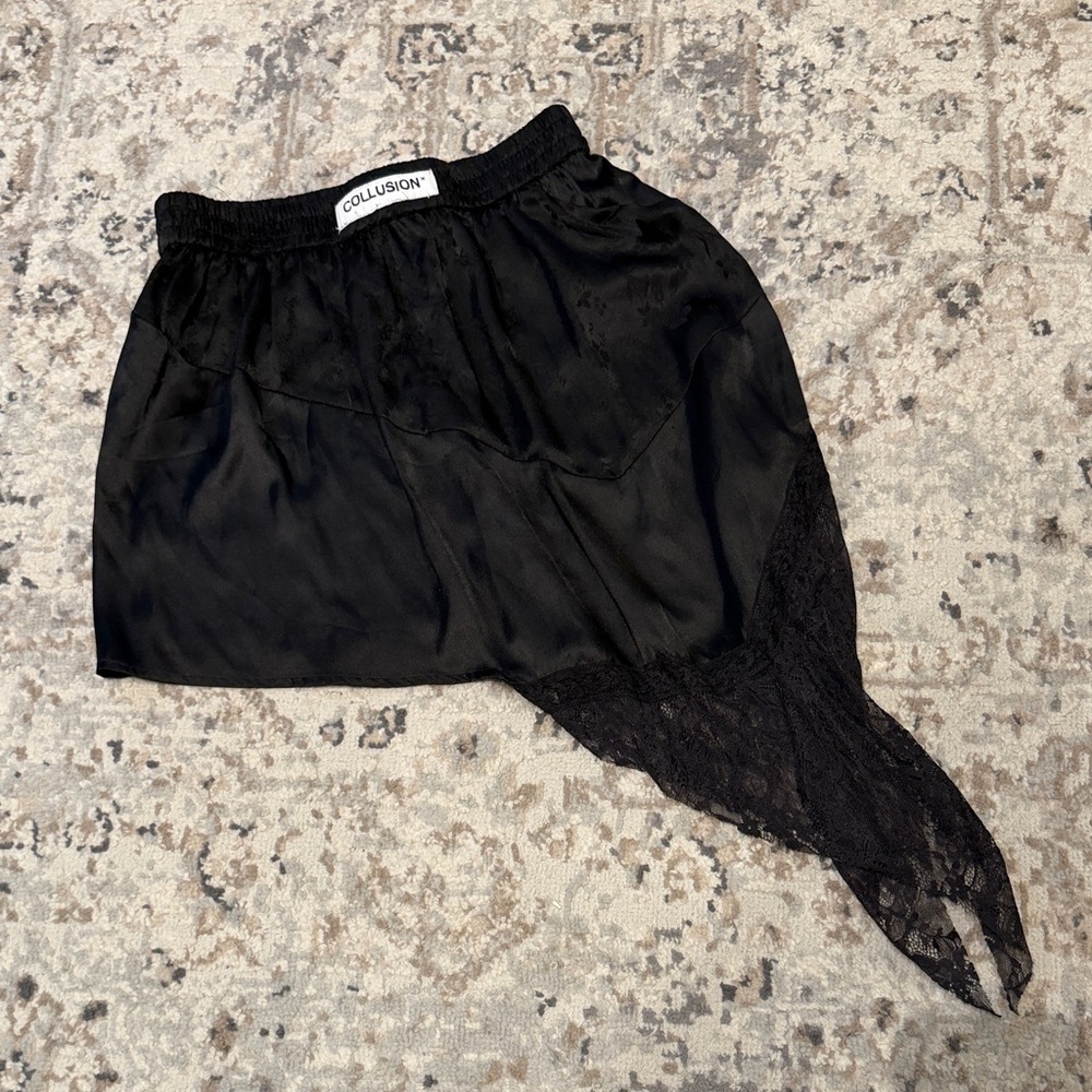 COLLUSION Black Satin & Lace Asymmetric Skirt